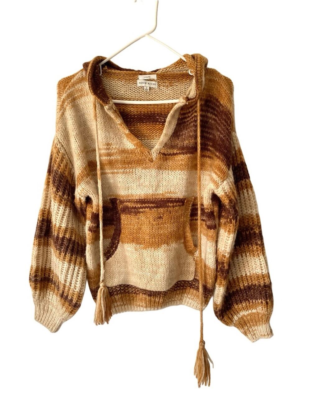 Moon River Women's Striped Hooded Cozy Knit Sweater Brown Tan Bohemian small